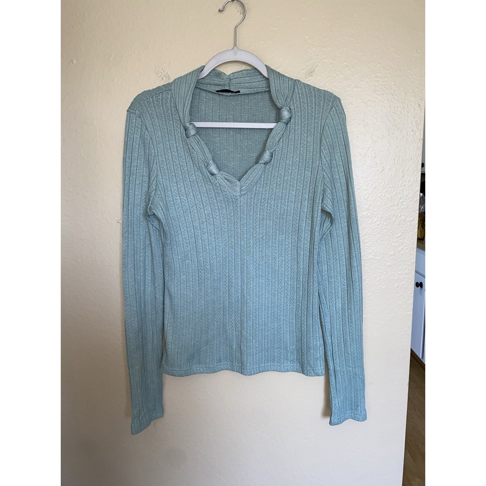 Miss Me Top Women Green Crochet V-Neck Long Sleeve Knotted Large  Stripe Western - Picture 3 of 8